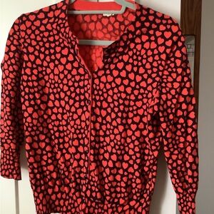 J. Crew Red and Black Heart Pattern Cardigan, 3/4 sleeves